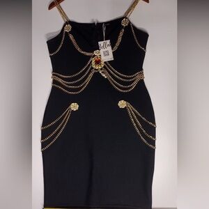 Bella  Black Dress with Gold Chain Accents size M brand new w tags